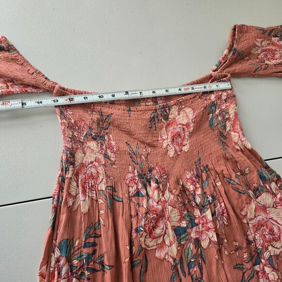 Billabong Night Fox Off Shoulder Dress L Rust Floral Long Sleeves - Picture 11 of 15